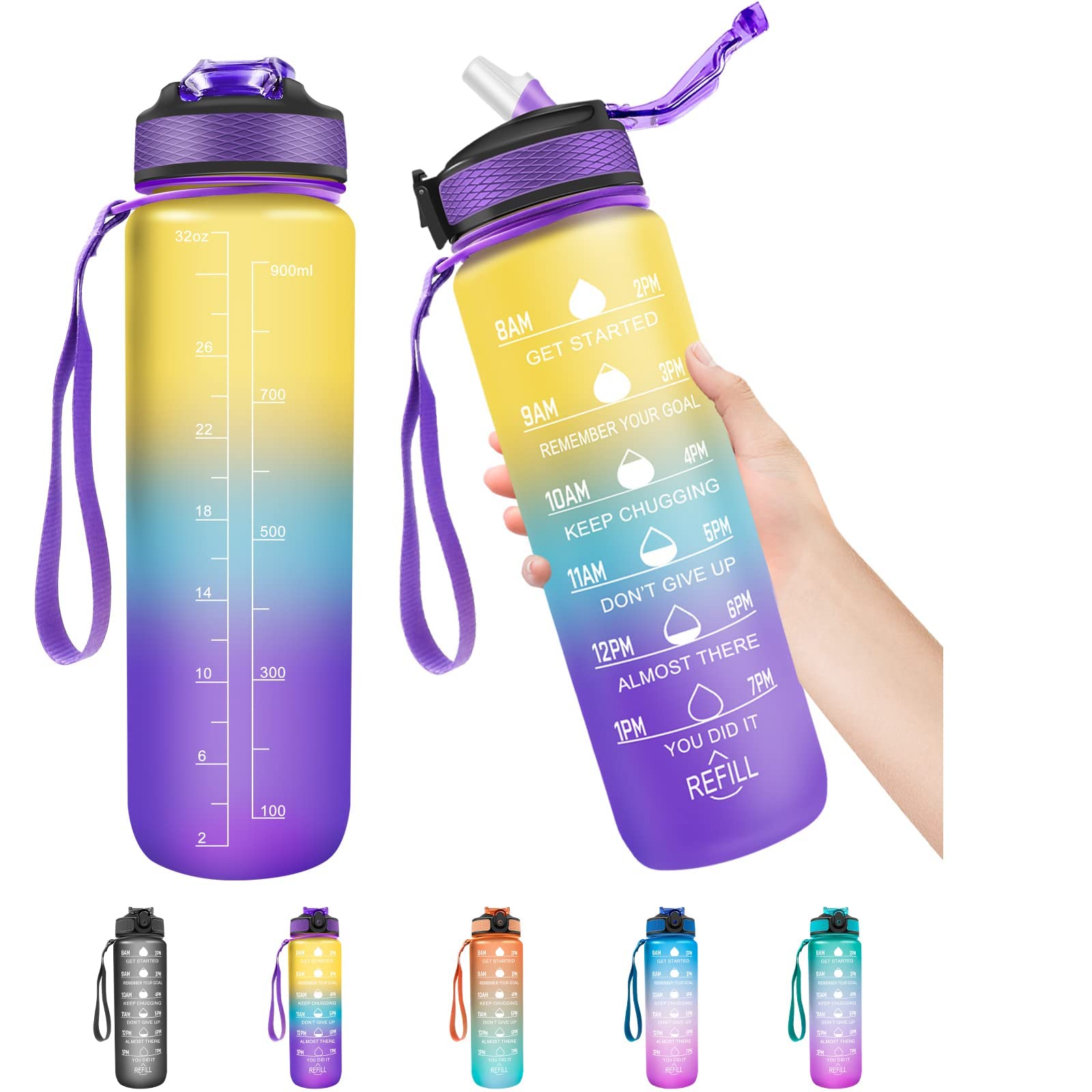 VIO 1 Litre Water Bottle with Straw, Time Marked Motivational Sport Water Bottle for Girls, Boys, Adults, Fitness, Outdoor, Cycling, Gym, Office, School (Yellow Blue Purple)