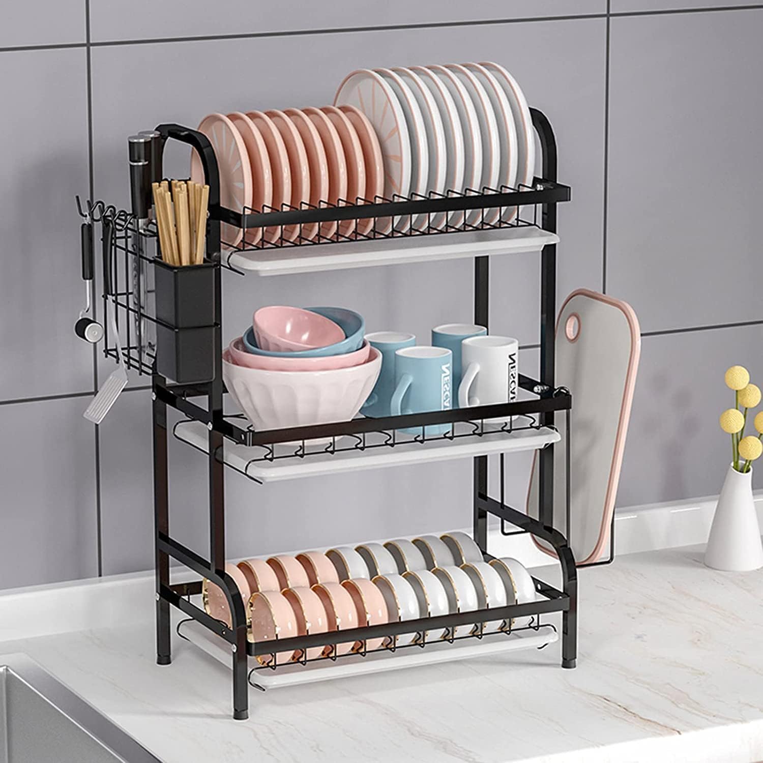 VIO® 3 Tier Dish Drying Rack with Utensil Plates Cutlery Knives Cutting Board Holder Drain Board Large Capacity 3 Level Dish Drainer Home Kitchen Countertop Stand Shelf Dryer Storage Organizer (Black)