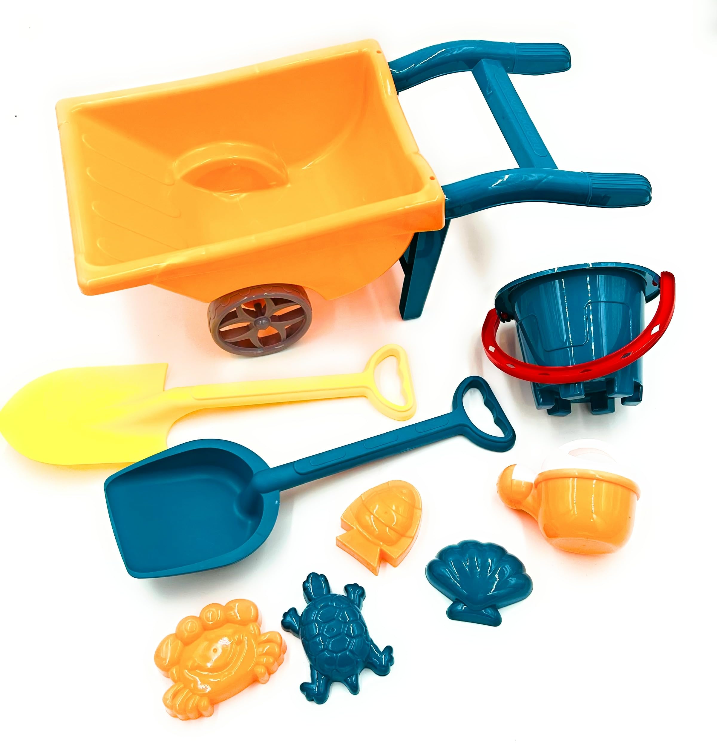 VIO® Beach Toy Trolley Handcart with Bucket Sandcastle Molds Shovel Tools Accessories for Beach Swimming Pool Summer Outdoor Party Gift Home Nursery Preschool Sand Snow Toys (Orange)