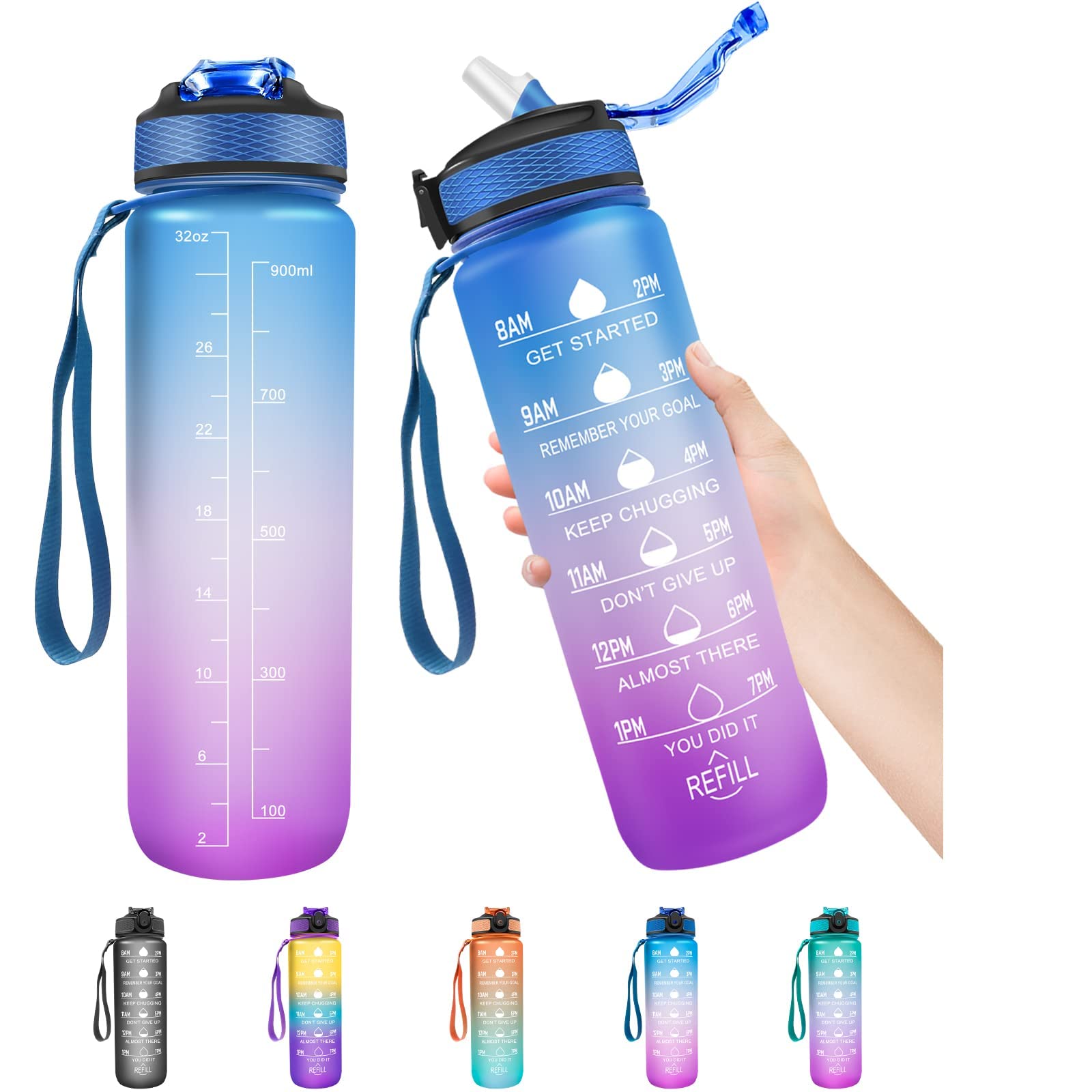 VIO 1 Litre Water Bottle with Straw, Time Markings Motivational Sport Water Bottle, Drinks Bottle for Girls, Boy, Fitness, Outdoor, Cycling, Gym, School (Blue purple)