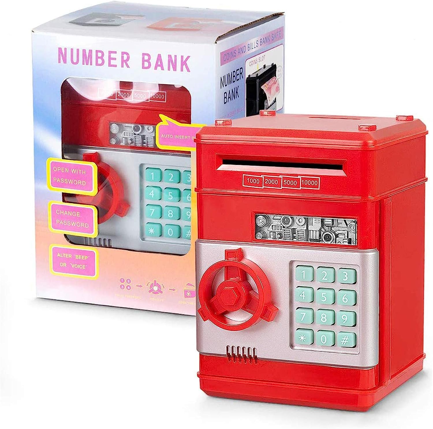 VIO Kids Toys for Boys Girls,Electronic Banks for Kids Money Savings Box Toys Mini ATM Coin Bank for Children Best Birthday Christmas Gifts Cash Coin Can for Kid 8-12 Year Old (Red Silver)