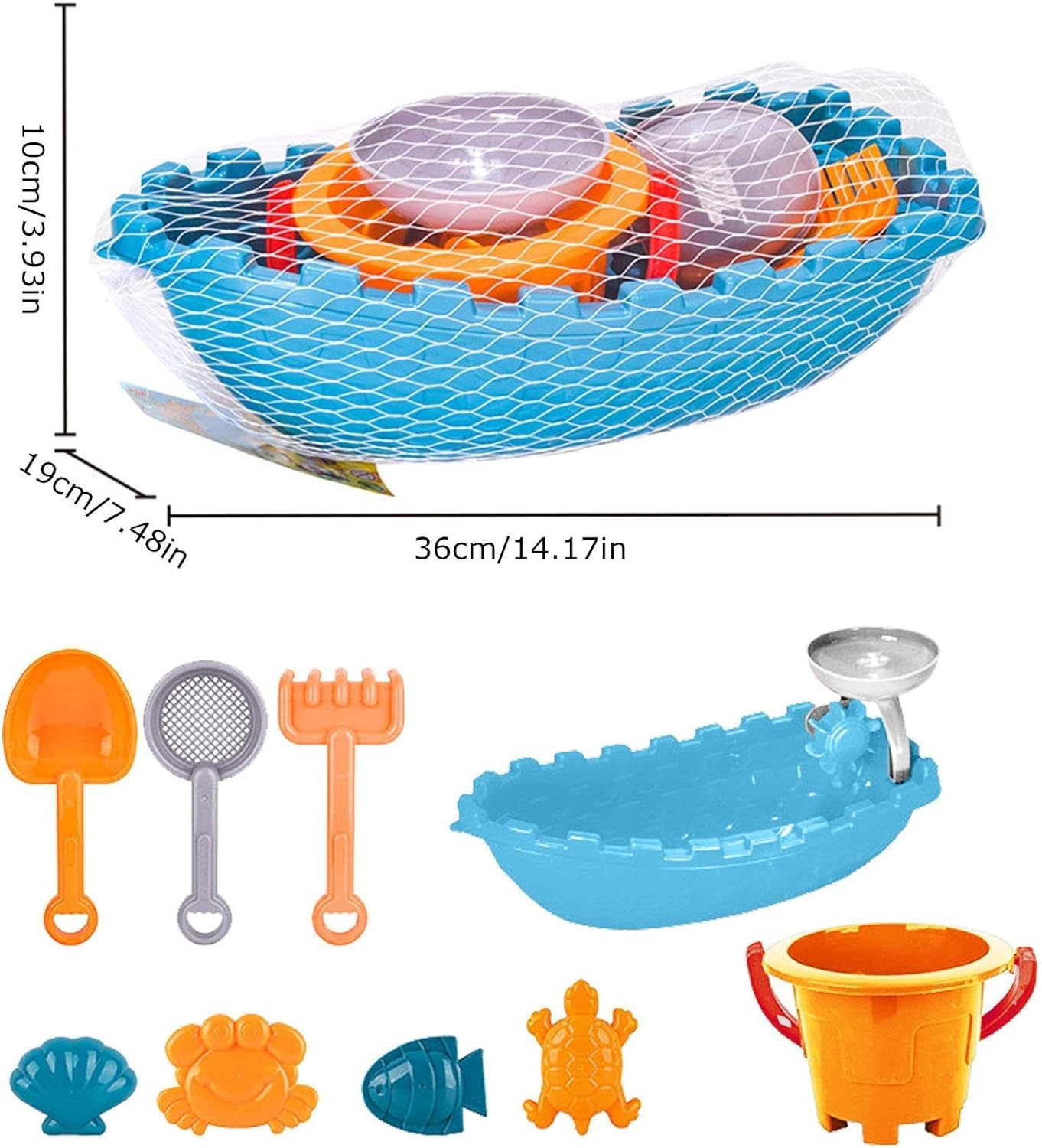 VIO® Kids Toys Sand Toys with Bucket Splash Beach Boat Sandcastle Molds Shovel Tools Accessories Sandbox Toys for Beach Swimming Pool Summer Outdoor Party Gift Home Nursery Preschool Fun (Blue)