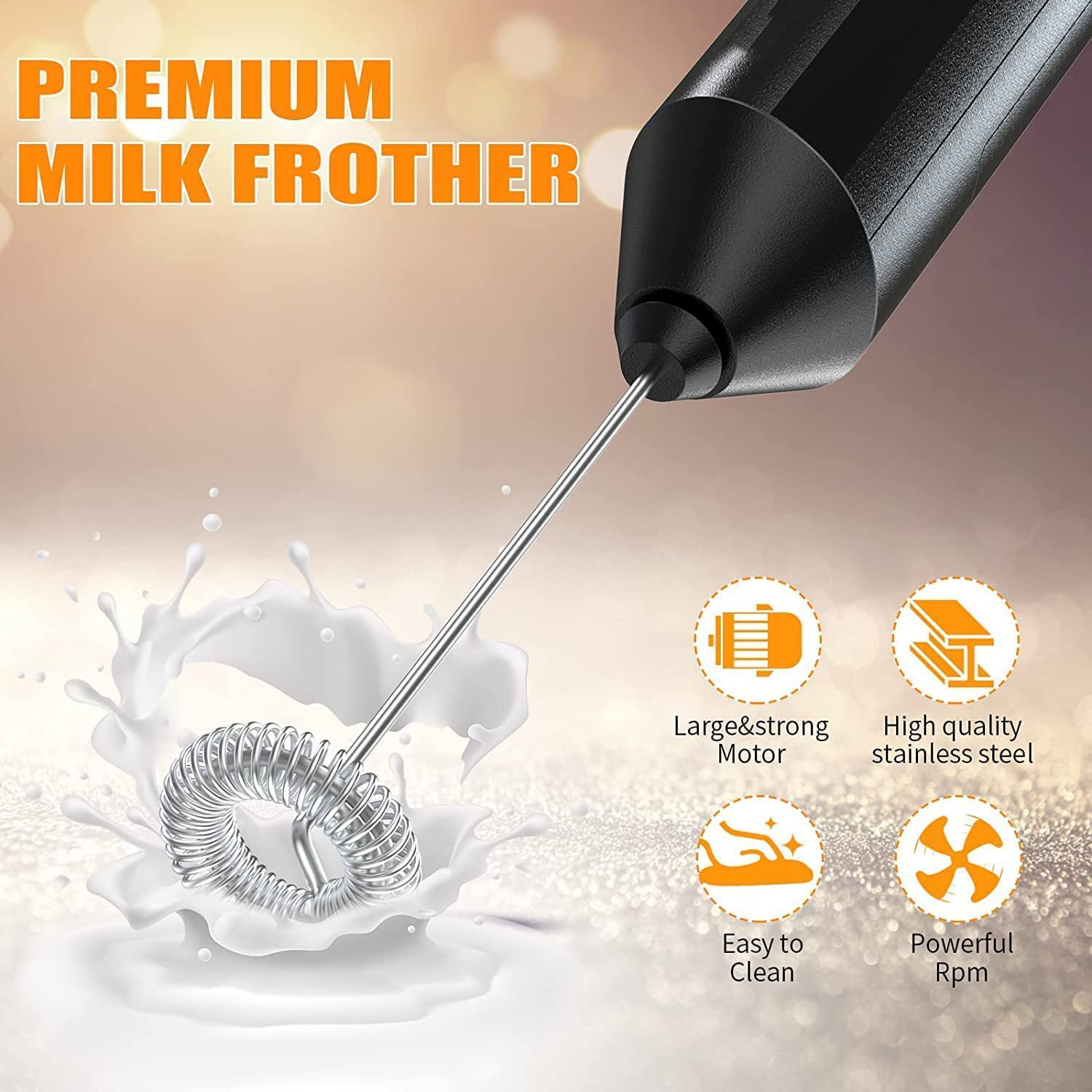 VIO Electric Milk Frother Handheld with High Motor, Mixer with Food Grade Stainless Steel Stirring Head, for Latte, Cappuccino,Drinks,Hot Chocolate. (Black, Battery Operated))