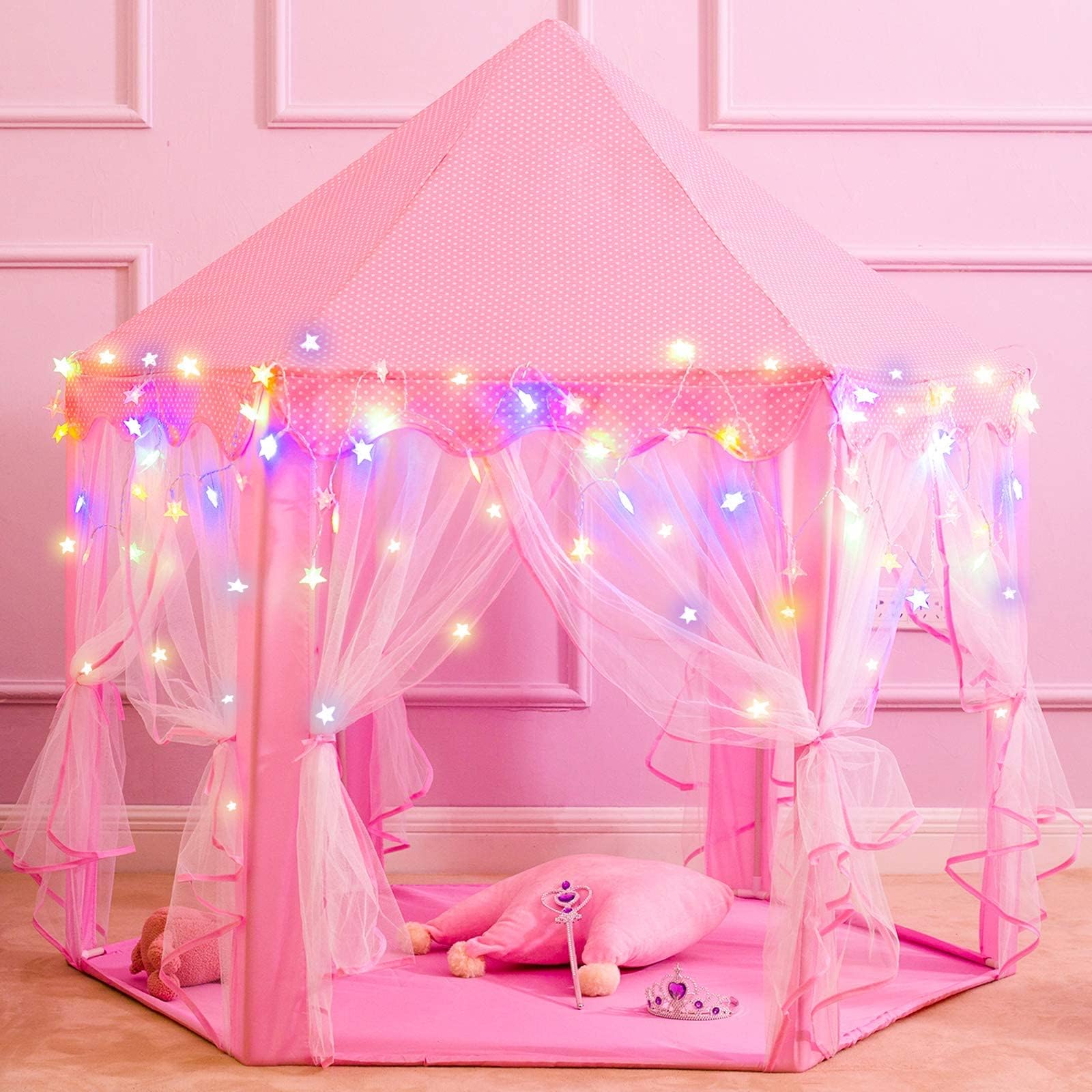 VIO Princess Castle, Play Tent, Large Kids Tent, Hexagonal Kids Playhouse for Indoor & Outdoor Use, Size 120cm * 120cm (PINK)