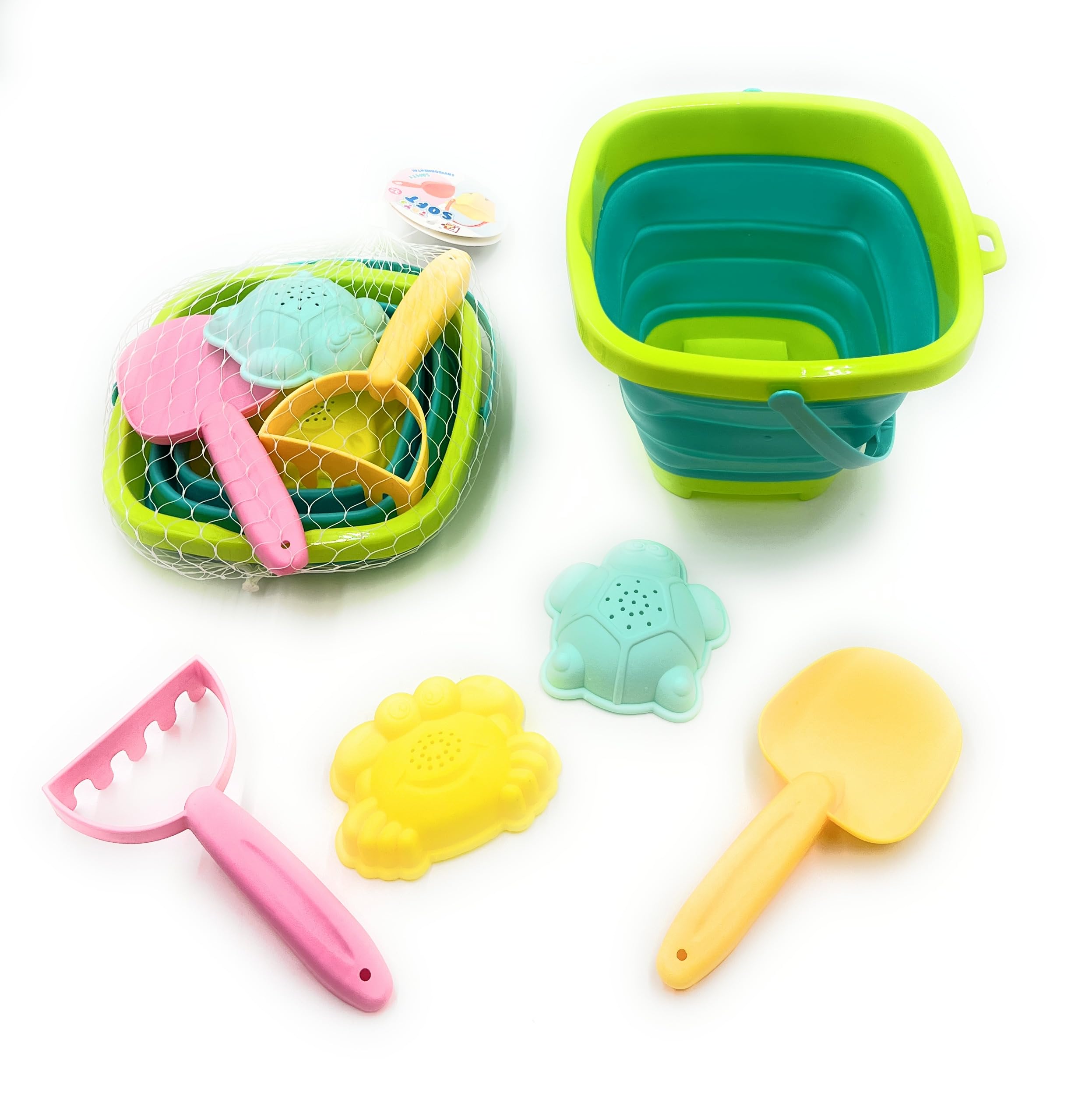 VIO Collapsible Silicone Beach Set, Foldable Fun Toys for Sandbox Backyard Sandpit Beach Splash Area with Bucket Molds Rake Shovel, Sand Toys for Toddler Kids Boys Girls, Great Gift (Green Blue)