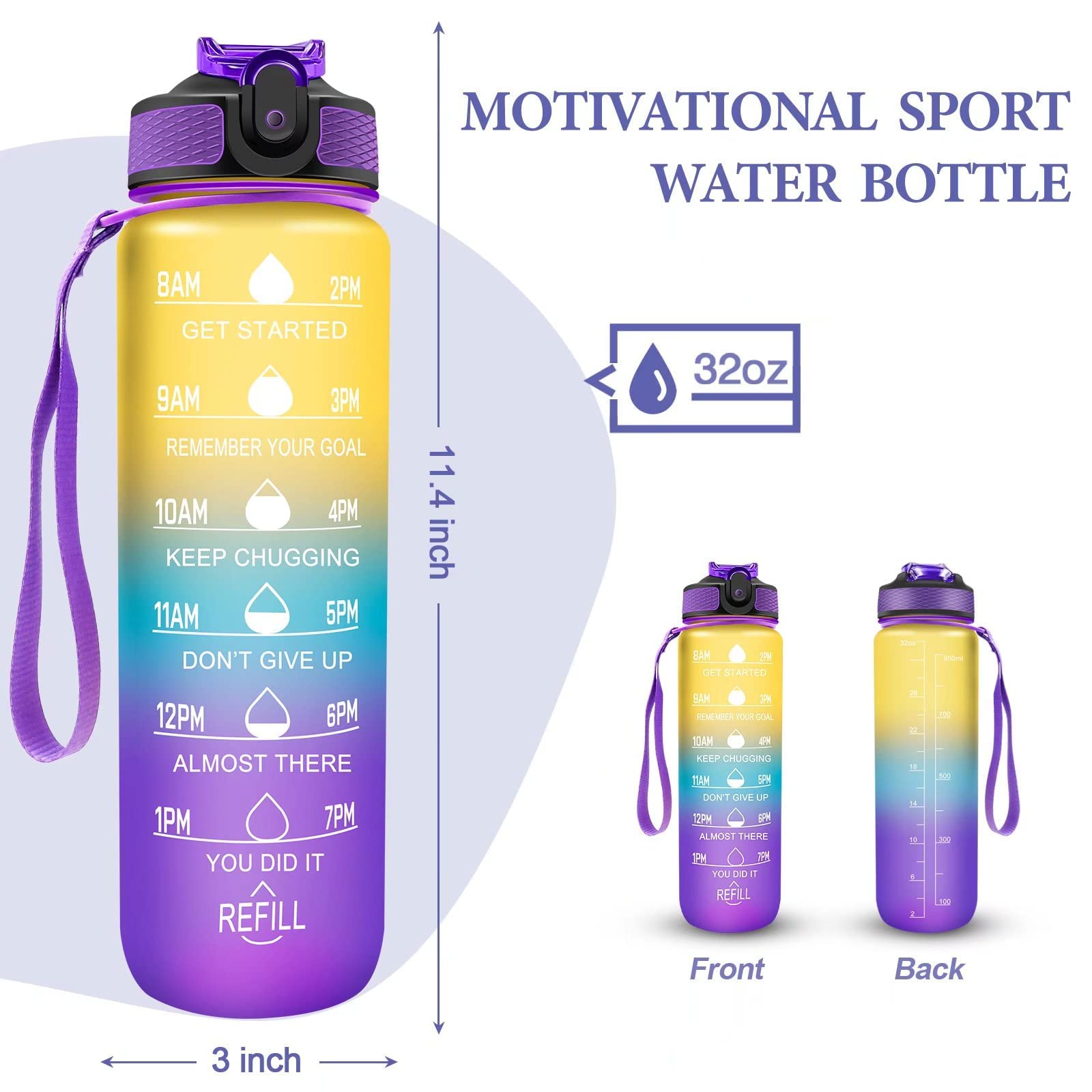 VIO 1 Litre Water Bottle with Straw, Time Marked Motivational Sport Water Bottle for Girls, Boys, Adults, Fitness, Outdoor, Cycling, Gym, Office, School (Yellow Blue Purple)