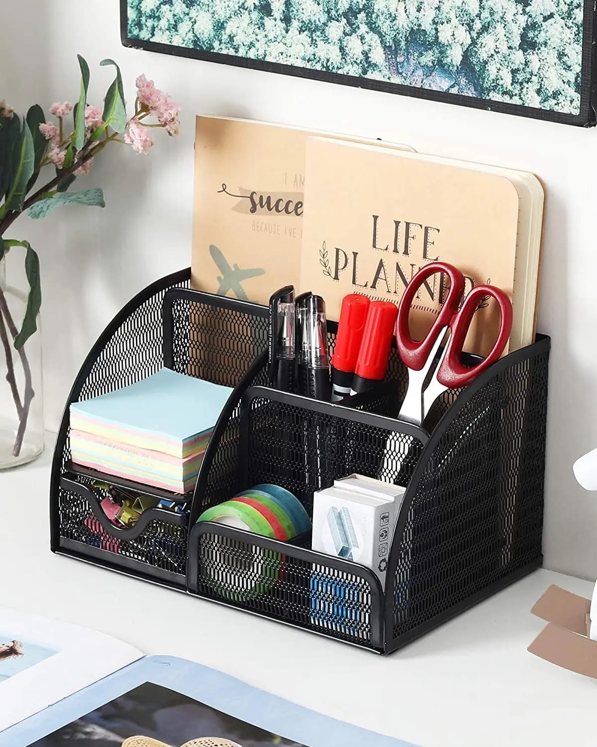 VIO® Mesh Organizer for Desk Accessories Office Supplies, Study Desk Drawer Caddy for Pens, Pencils, Post-Its, Clips, Scissors, Glue for Kids, Home, Office, Classroom, School (Black)