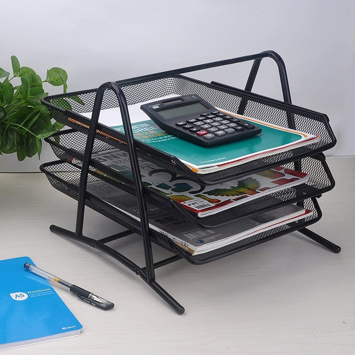 VIO 3 Tier Document, File, Paper, Letter, Office, Desktop Tray Organizer 3 Desk File Tray, 3 Tier Metal Mesh A4 Files Documents Papers Folders Holder Desk Organizer –(Black)