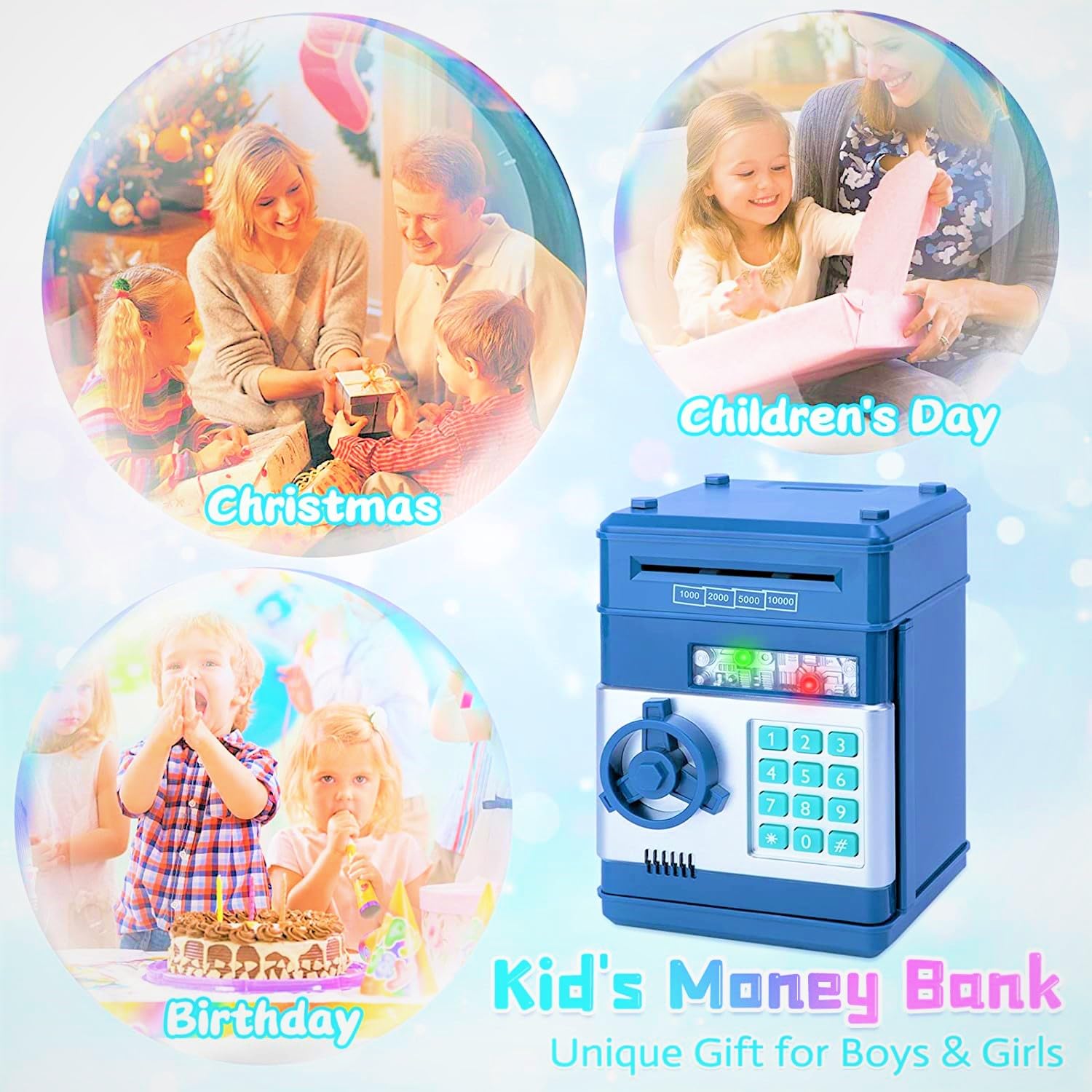 VIO Kids Toys for Boys Girls,Electronic Banks for Kids Money Savings Box Toys Mini ATM Coin Bank for Children Best Birthday Christmas Gifts Cash Coin Can for Kid 8-12 Year Old (Light Blue Silver)