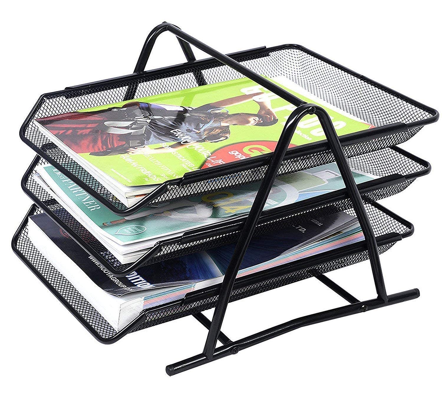 VIO 3 Tier Document, File, Paper, Letter, Office, Desktop Tray Organizer 3 Desk File Tray, 3 Tier Metal Mesh A4 Files Documents Papers Folders Holder Desk Organizer –(Black)