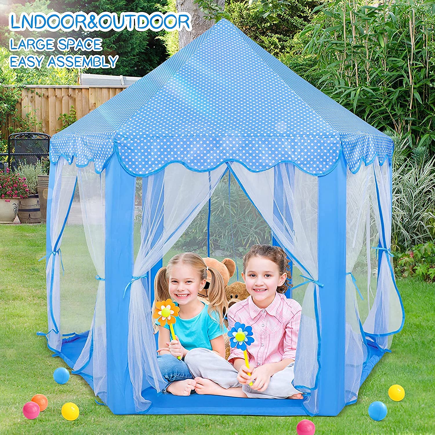 VIO Princess Castle, Play Tent, Large Kids Tent, Hexagonal Kids Playhouse for Indoor & Outdoor Use, Size 120cm * 120cm (BLUE)