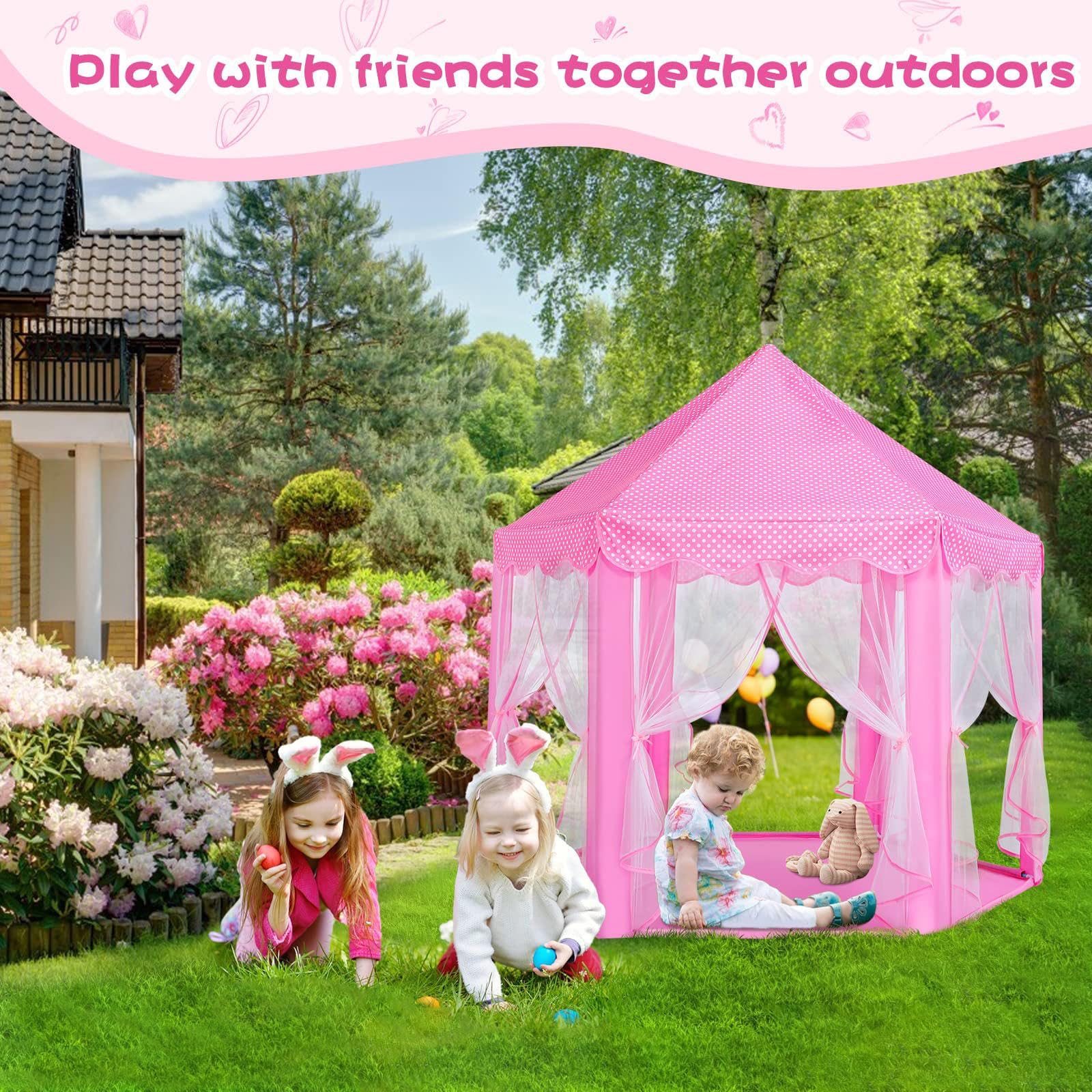 VIO Princess Castle, Play Tent, Large Kids Tent, Hexagonal Kids Playhouse for Indoor & Outdoor Use, Size 120cm * 120cm (PINK)