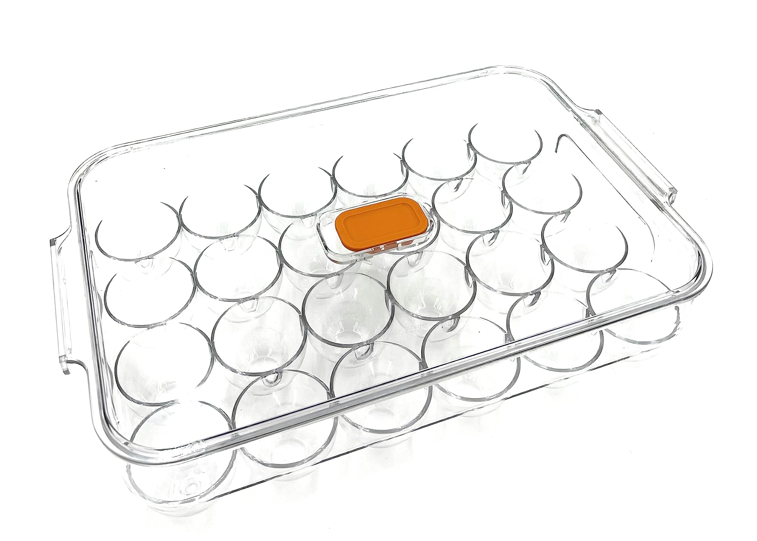 VIO Egg Holder for Refrigerator, Reusable Plastic Egg Organiser, Plastic Egg Storage Container, Clear Stackable Egg Tray with Lid, Clear Fridge Storage Box, Holds 24 Eggs (Clear - Orange Crisper)