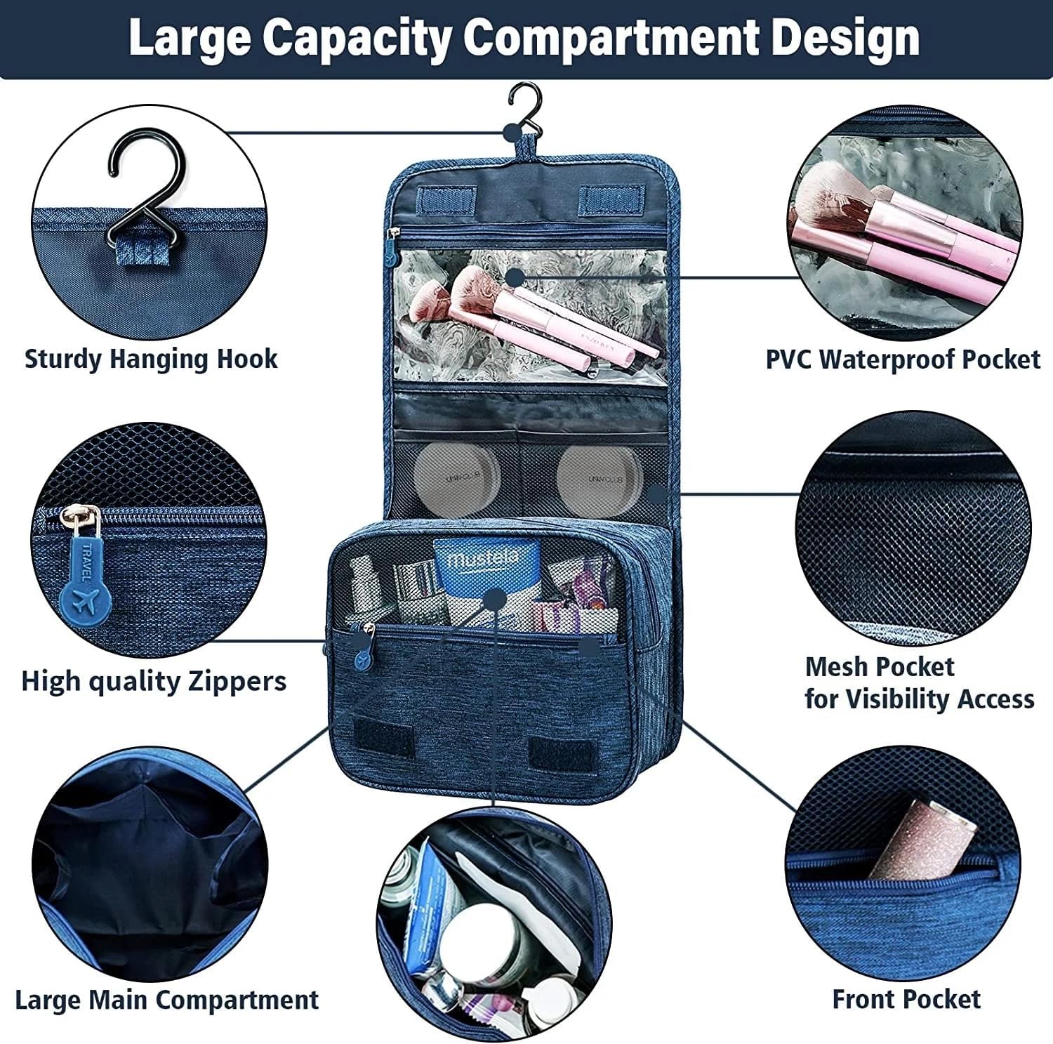 VIO Travel Toiletry Bag Organizer, Waterproof Multiple Compartment Hanging Cosmetics, Shaving, Grooming Storage Bag, Multi-pocket Portable Makeup Organizer Bag with Hook for Men and Women (Dark Blue)