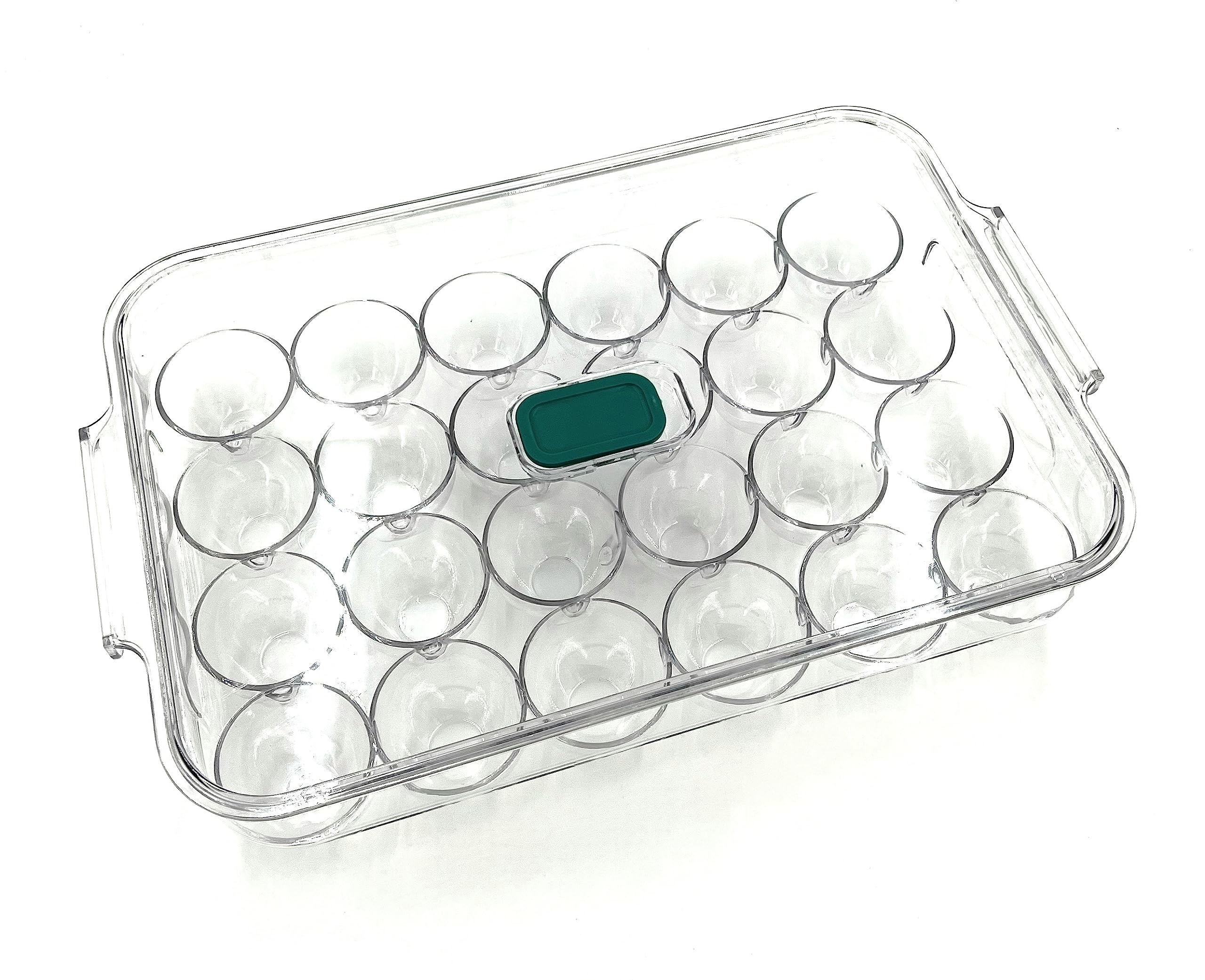 VIO Egg Holder for Refrigerator, Reusable Plastic Egg Organiser, Plastic Egg Storage Container, Clear Stackable Egg Tray with Lid, Clear Fridge Storage Box, Holds 24 Eggs (Clear-Blue Crisper)