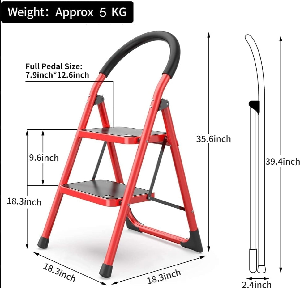 VIO 2 Step Ladder Folding Step Stool Stepladders with Anti-Slip and Wide Pedal for Home and Kitchen Use Space Saving (Red) (2 step ladder)