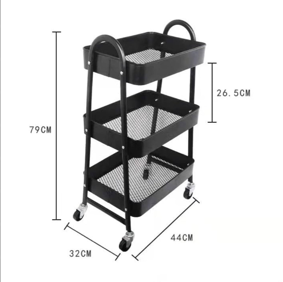 VIO 3 Tier Utility Rolling Plastic Storage Cart Trolley with Wheels Handle Multifunational Easy Assembly Storage Basket Organizer Shelves for Home Kitchen Bedroom Bathroom Office (Metal White)