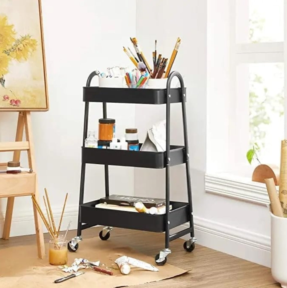 VIO 3 Tier Utility Rolling Plastic Storage Cart Trolley with Wheels Handle Multifunational Easy Assembly Storage Basket Organizer Shelves for Home Kitchen Bedroom Bathroom Office (Metal Black)