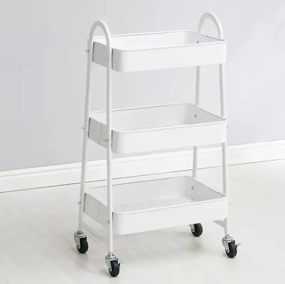 VIO 3 Tier Utility Rolling Plastic Storage Cart Trolley with Wheels Handle Multifunational Easy Assembly Storage Basket Organizer Shelves for Home Kitchen Bedroom Bathroom Office (Metal White)