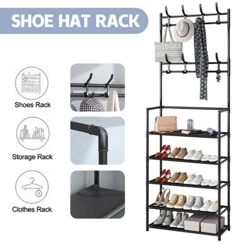 VIO Coat & Shoe Rack, Storage Shelf with 5 Levels for Shoes, Clothes, Bags, Hat, Umbrella Organizer, Multifunctional Organizer for Entryway, Hallway with 8 Hooks (Black)