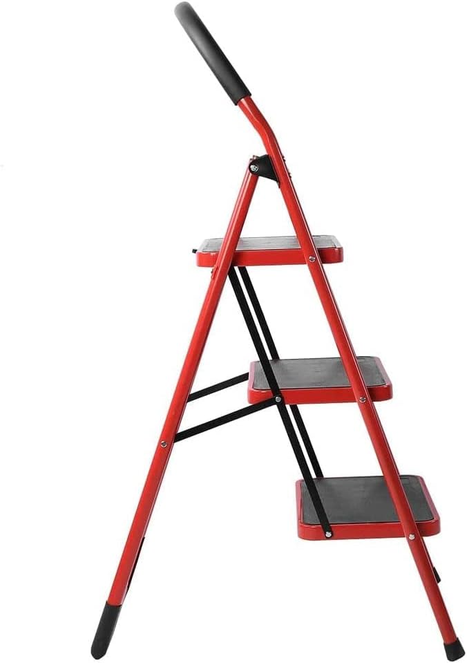 VIO 3 Step Ladder Folding Step Stool Stepladders with Anti-Slip and Wide Pedal for Home and Kitchen Use Space Saving (Red) (3 step ladder)