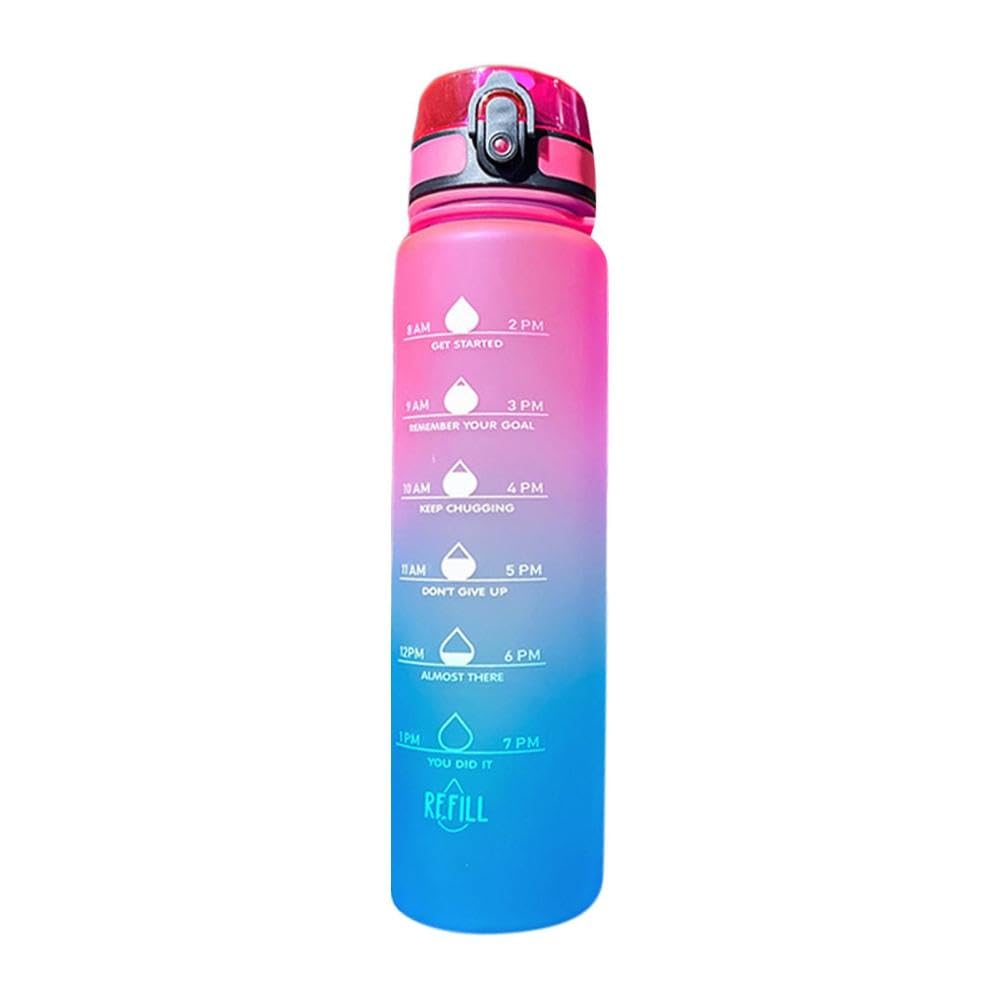 VIO Leak-proof Durable Water Bottle, Motivational Bottle with Sipper For Adults and Kids. Unbreakable, Time Mark Water Bottle for Gym, Office, School, Home, Camping, Hiking, Fitness (Blue Pink)
