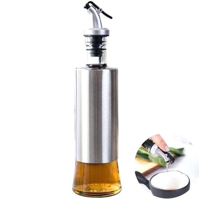VIO 2 PCS Glass Oil Dispenser with Steel Cover Seasoning Glass Oil Bottle Leakproof Stainless Steel Condiment Dispenser (300 ML)
