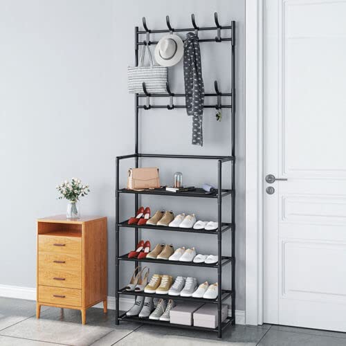 VIO Coat & Shoe Rack, Storage Shelf with 5 Levels for Shoes, Clothes, Bags, Hat, Umbrella Organizer, Multifunctional Organizer for Entryway, Hallway with 8 Hooks (Black)