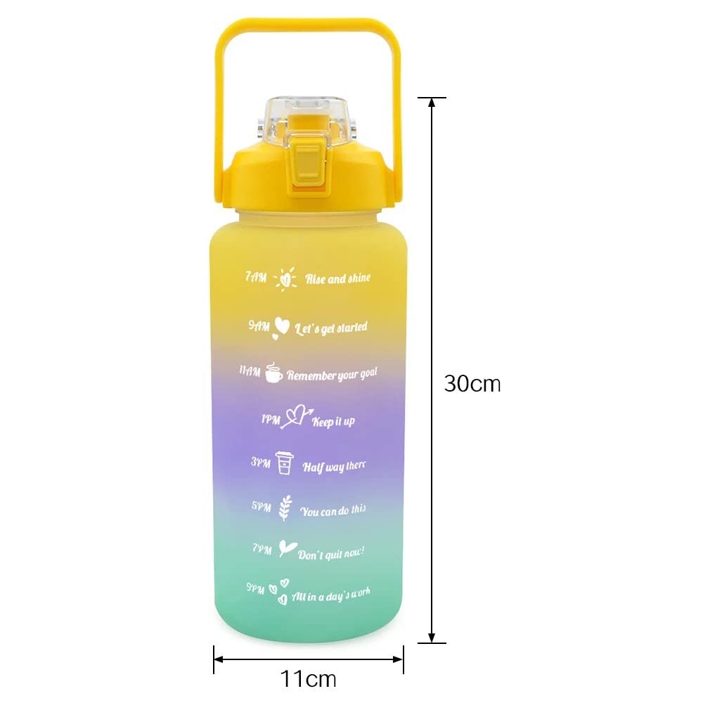 VIO 2 Litre Water Bottle, Sports 2 in 1 Water Bottles with Straw and siper Time Mark Motivational Water Bottle Suitable for Office Gym Yoga and and Outdoor Sports (yellow-purple-green)