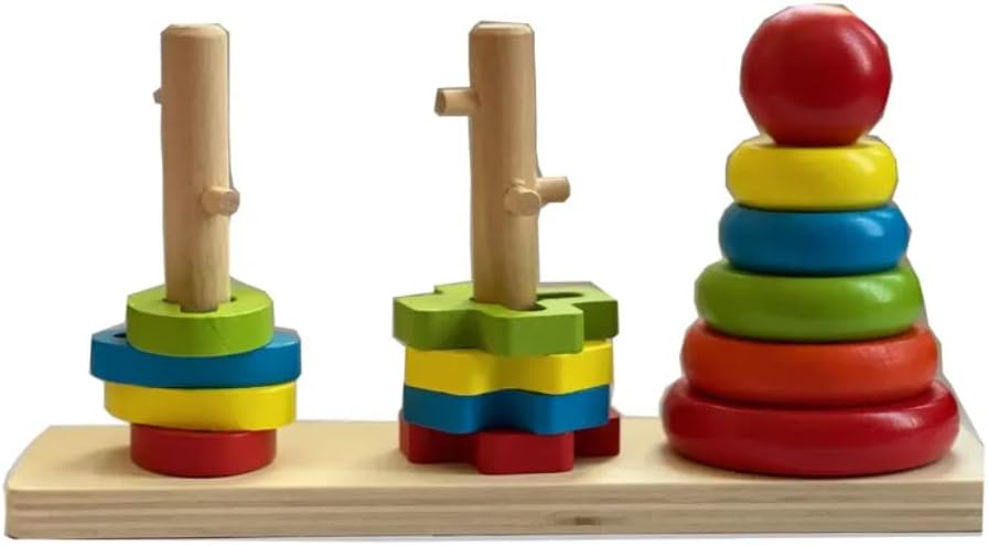 VIO Baby Toys Wooden Column Shape Set Of Rainbow Tower, Rainbow Three Column Tower Toy