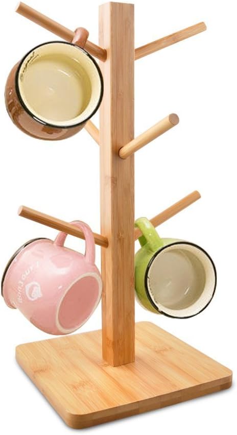VIO Mug Rack Tree, Organic Bamboo Mug Holder/Stand, Mug Hook, Storage Coffee Tea Cup Organizer Hanger Holder with 6 Hooks (CIRCLE)