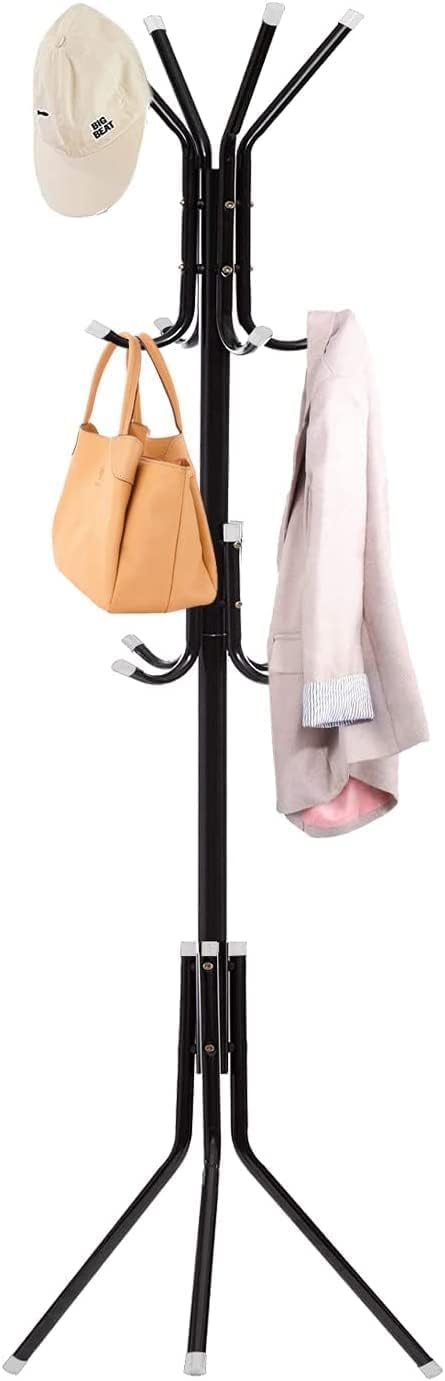 VIO Standing Metal Coat Rack Hat Hanger 11 Hook For Jacket, Purse, Scarf Rack, Umbrella Tree Stand (Black)