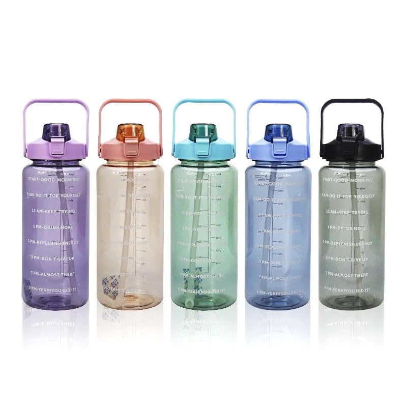 VIO 2000ml Water Bottle with Bounce Lid and Scale Large Capacity Water Jug Portable Drinking Bottle with Straw Sport Drink Mug for Travel Outdoor Home Office Use (GREEN)