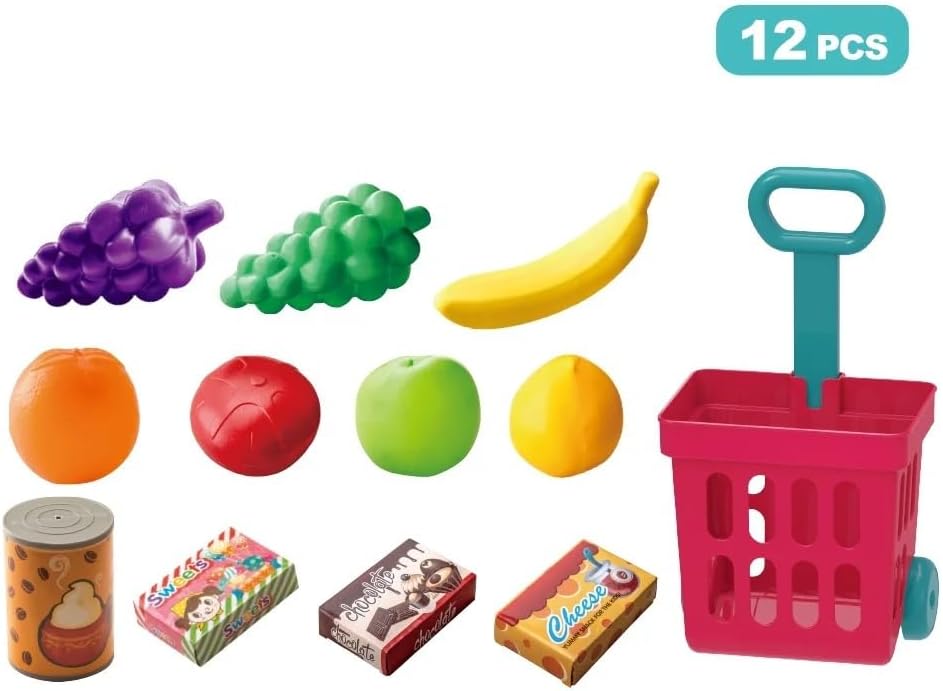 VIO Kids Mini Shopping Cart for Groceries, Supermarket Trolley Toy Set for Pretend Play, Mini Food Toy Play Set with Food Fruit Accessories for Toddlers, Kids, Girls, Boys (Mini Shopping Cart)