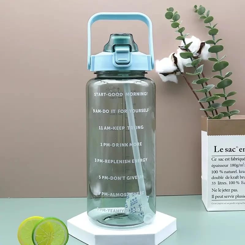 VIO 2000ml Water Bottle with Bounce Lid and Scale Large Capacity Water Jug Portable Drinking Bottle with Straw Sport Drink Mug for Travel Outdoor Home Office Use (GREEN)