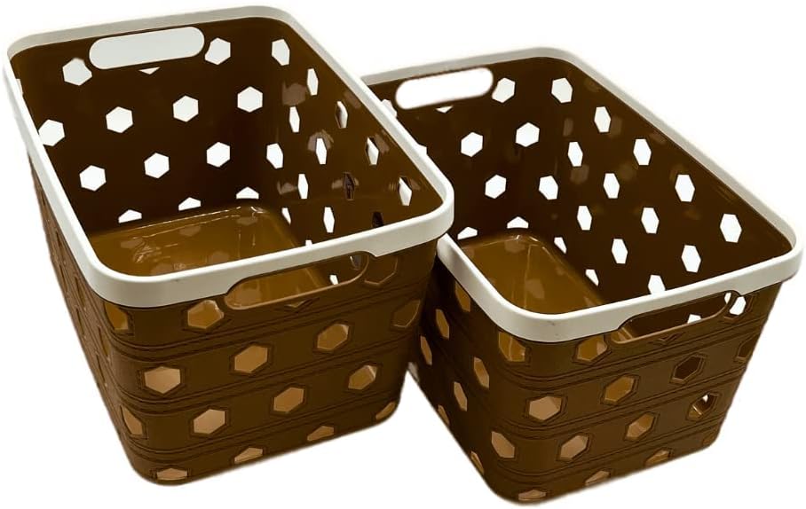 VIO Plastic Storage Basket, Storage Organizer Bins Perfect for Storing, De-Clutter, Accessories, Toys, Cleaning Products (SET OF 2) (BROWN)