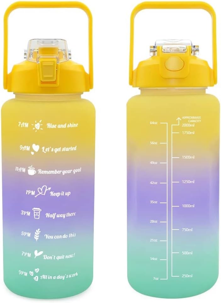 VIO 2 Litre Water Bottle, Sports 2 in 1 Water Bottles with Straw and siper Time Mark Motivational Water Bottle Suitable for Office Gym Yoga and and Outdoor Sports (yellow-purple-green)