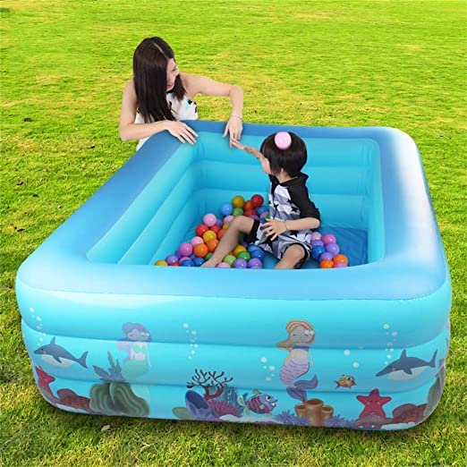 VIO Rectangular Inflatable Pool Three Ring Family Paddling Swimming Pool. Indoor & Outdoor, Backyard, Water Party Above Ground Pool For Kids And Adults - Blue (180 * 140 * 55)