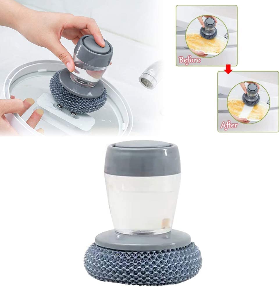 VIO Automatic Liquid Tank Kitchen Utensils Sink Cleaning Brush Scrubber, Dish Bowl Washing Brush with Soap Dispenser Handle Sponge with Wok Brush Kitchen Pot Cleaner Tool (SET OF 3)