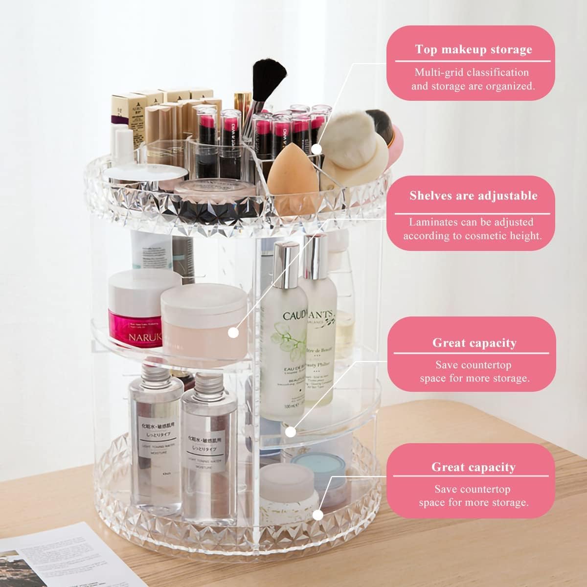 VIO 360°Rotating Cosmetic Makeup Storage Holder Organizer Adjustable, Storage Display Cases with 6 Layers, Fits Most Cosmetics, Jewelry, Makeup Brushes, Lipsticks