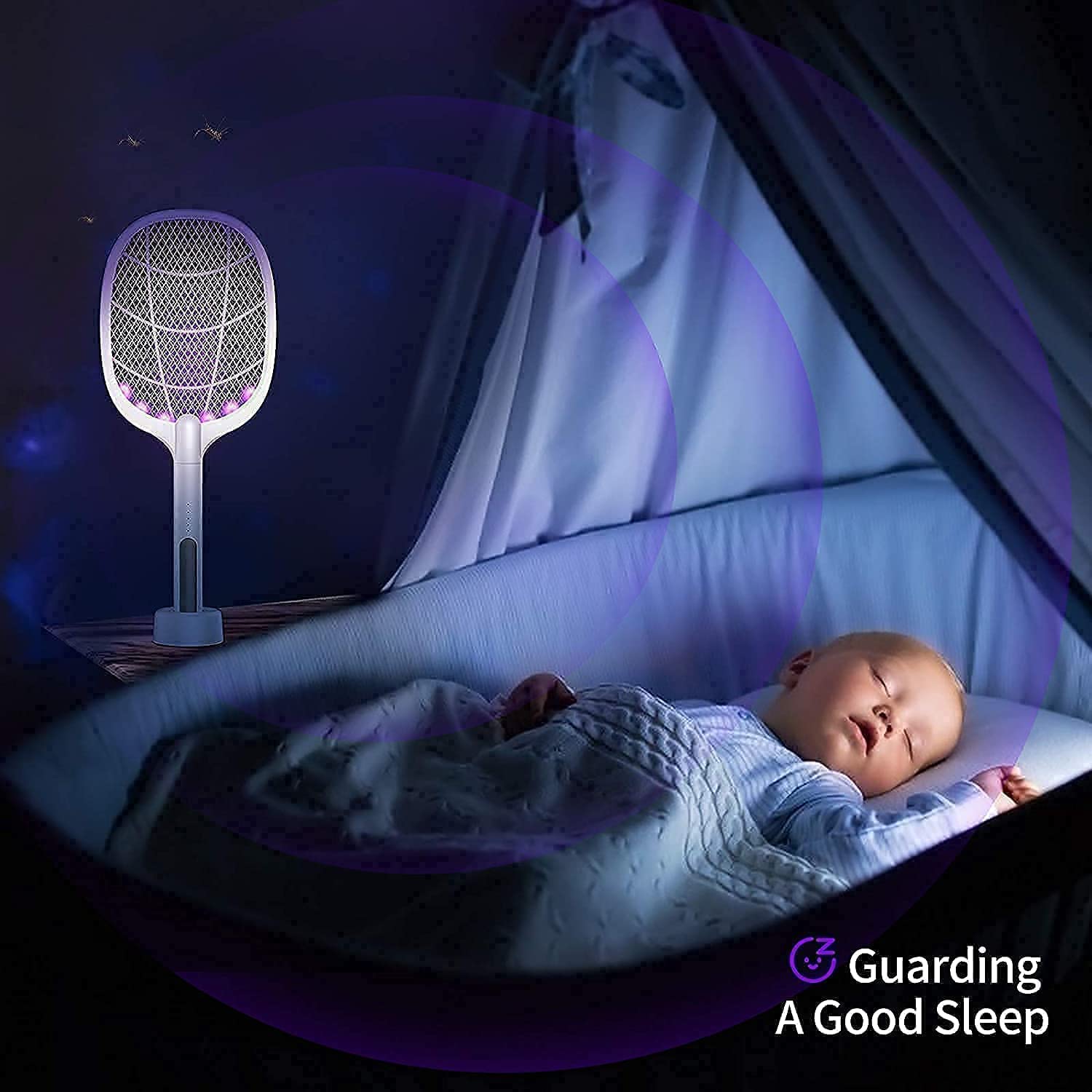 VIO Mosquito Killer Racket Rechargeable Handheld Electri Fly Swatter Mosquito Killer Racket Bat with UV Light Lamp Racket USB Charging Base