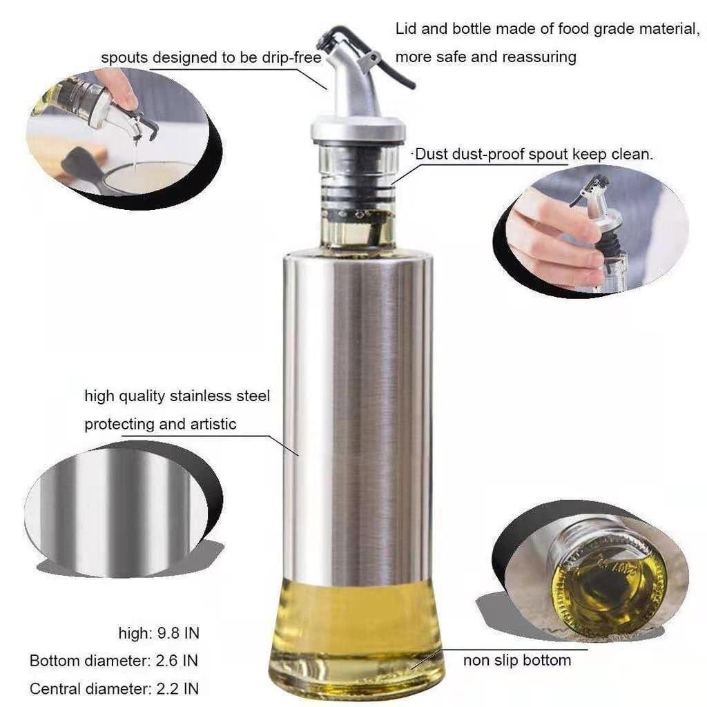 VIO 2 PCS Glass Oil Dispenser with Steel Cover Seasoning Glass Oil Bottle Leakproof Stainless Steel Condiment Dispenser (300 ML)