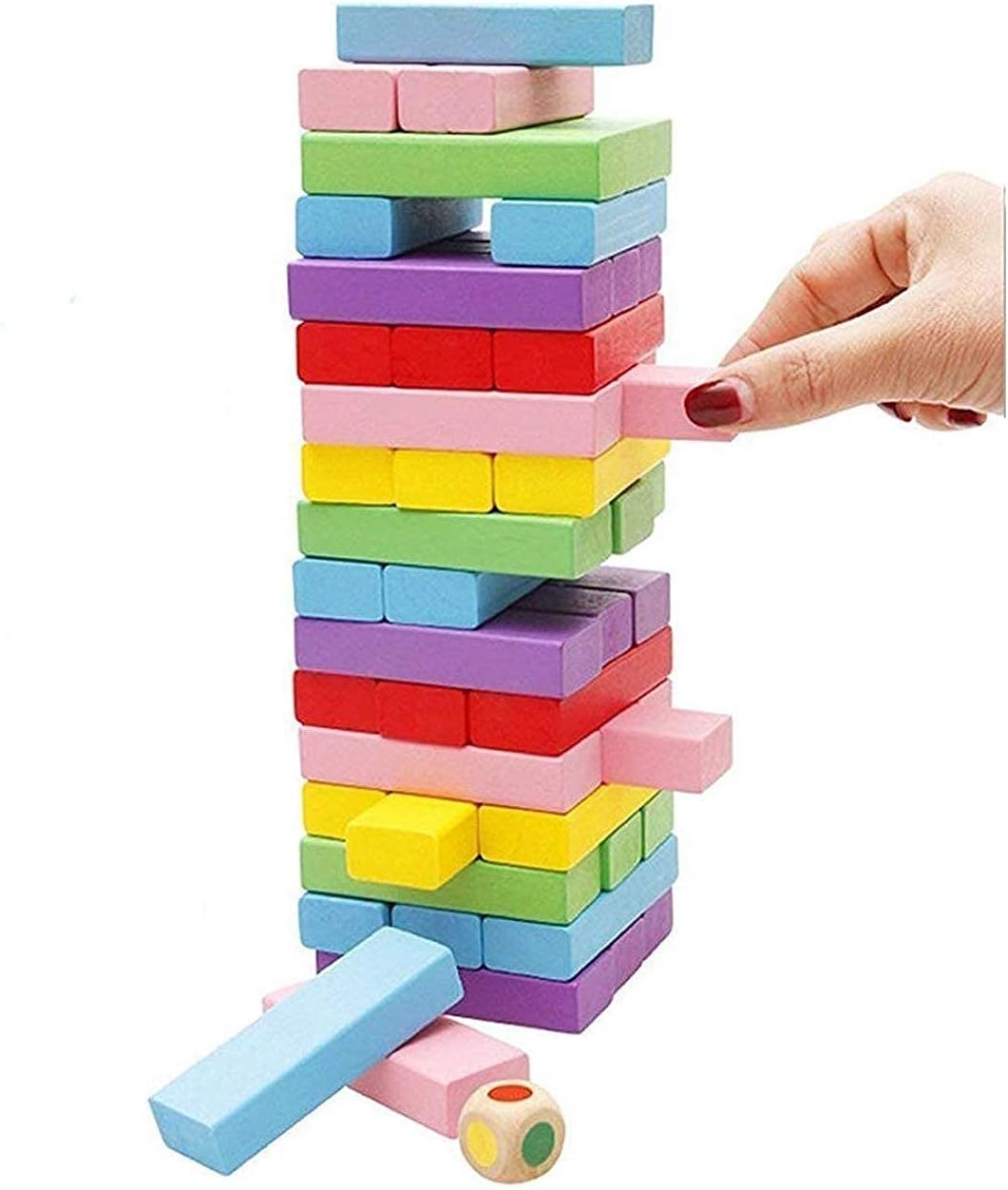 VIO 54 Pcs Wooden Blocks Games for Adults and Kids, Wood Tumbling Tower Stacking Toys with Dices Board Best Educational Puzzle Game