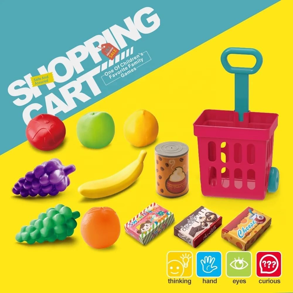 VIO Kids Mini Shopping Cart for Groceries, Supermarket Trolley Toy Set for Pretend Play, Mini Food Toy Play Set with Food Fruit Accessories for Toddlers, Kids, Girls, Boys (Mini Shopping Cart)