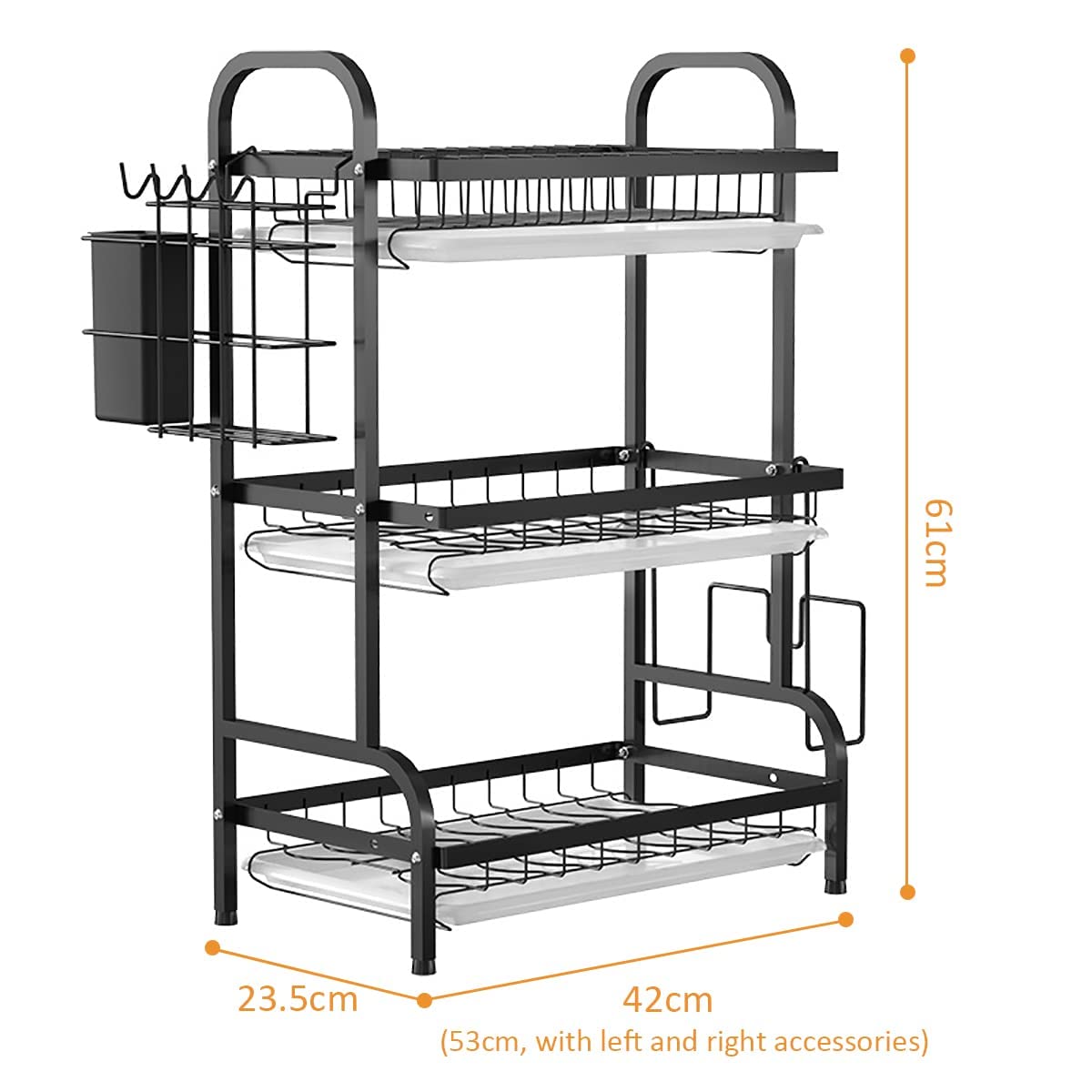 VIO Dish Drying Rack 3 Tier Kitchen Shelf Dish Rack with Utensil & Cutting Board Holder Dish Drainer Rack Tableware Chopsticks Dish Plate Drain Cupboard Storage Box 63.2x26.8x13.8cm Black