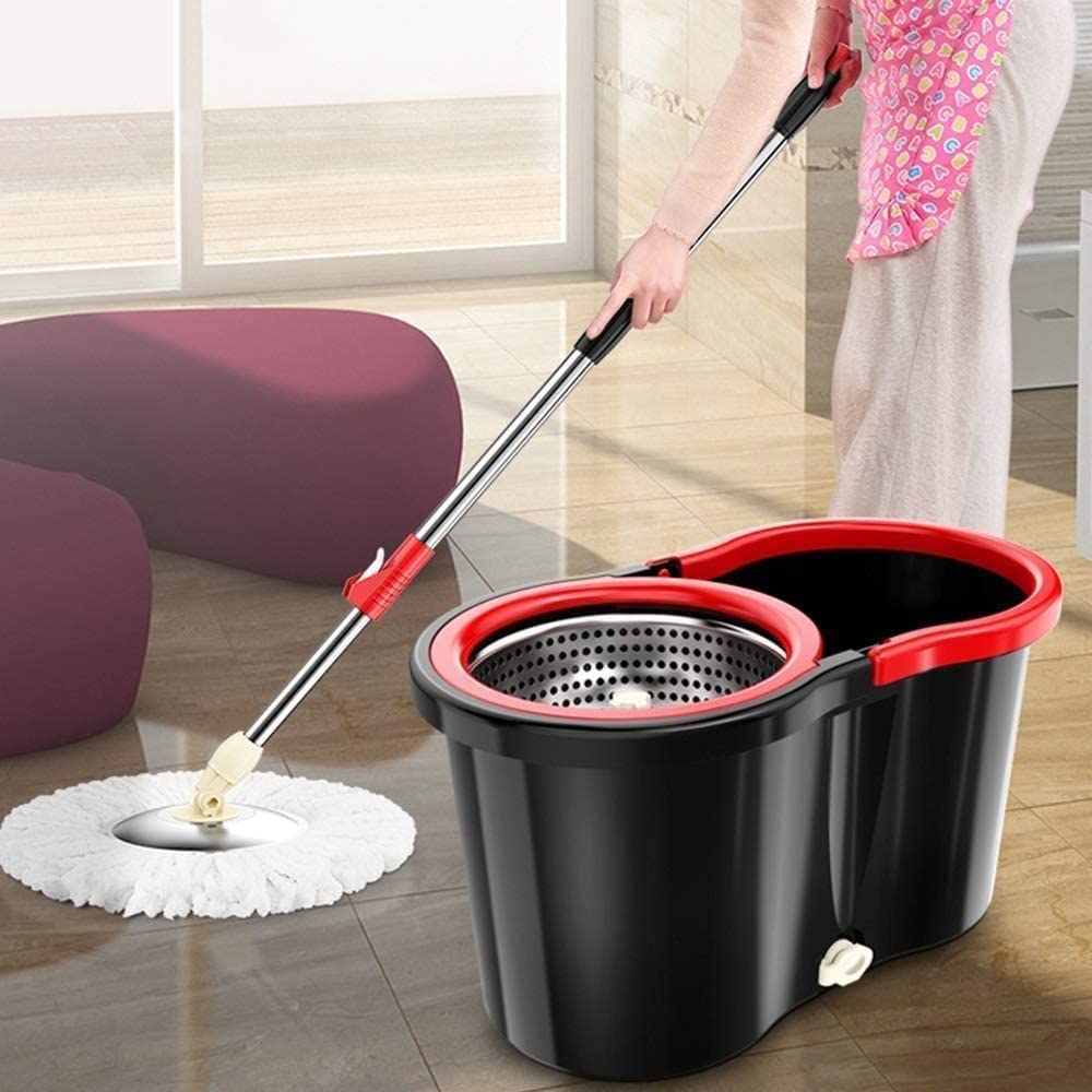 VIO Stainless Steel 360 Degree Spin Mop With Bucket , Automatic Rotary Floor Cleaning System , 1 Extra Microfiber Mop Heads Easy Press Handle Mop, Spinning Mop , Spin Mop, and Bucket Black