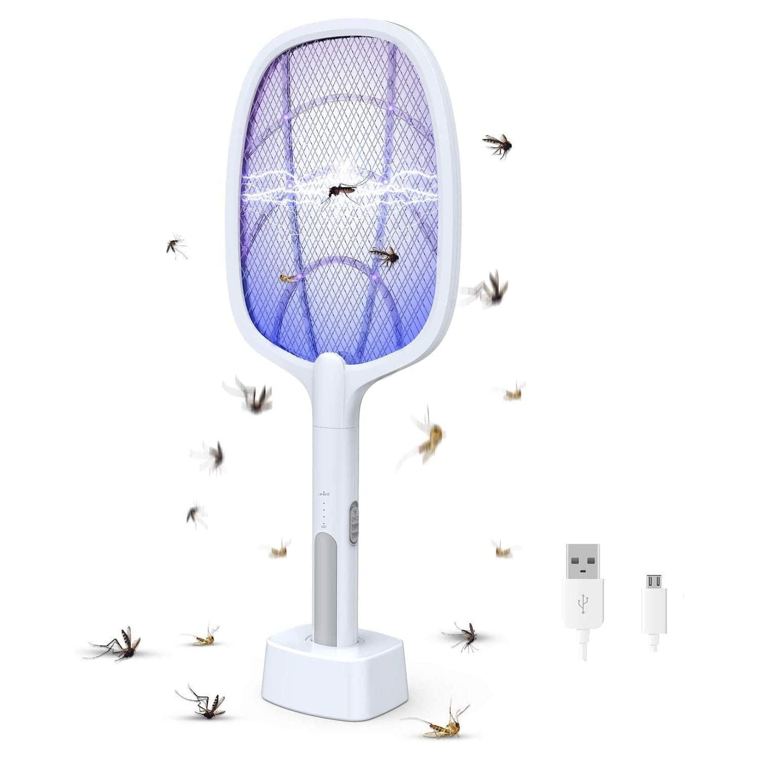 VIO Mosquito Killer Racket Rechargeable Handheld Electri Fly Swatter Mosquito Killer Racket Bat with UV Light Lamp Racket USB Charging Base