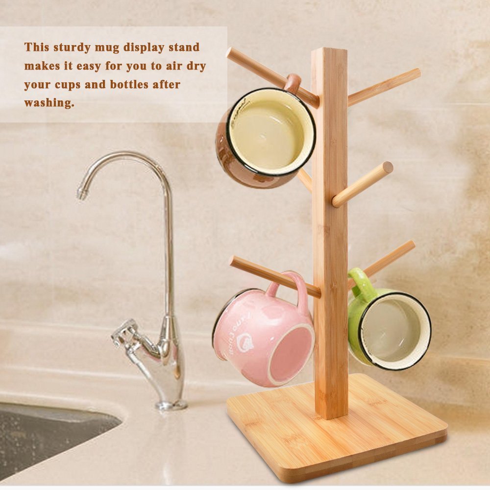 VIO Mug Rack Tree, Organic Bamboo Mug Holder/Stand, Mug Hook, Storage Coffee Tea Cup Organizer Hanger Holder with 6 Hooks (CIRCLE)