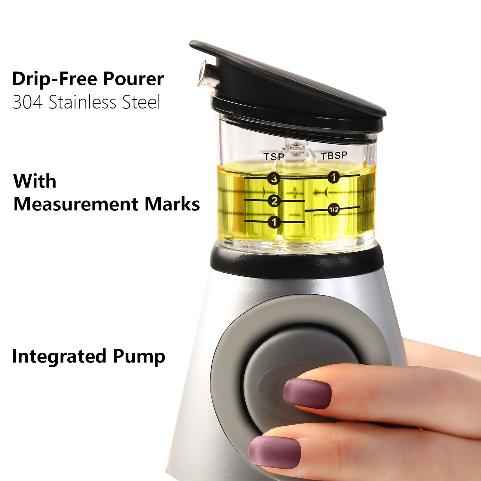 VIO Oil Dispenser Bottle, Oil Sprayer, Clear Glass Refillable Oil and Vinegar Dispenser Bottle with Measuring Scale Pump for Kitchen, Cooking, Salads, Baking Frying, BBQ (500ML)