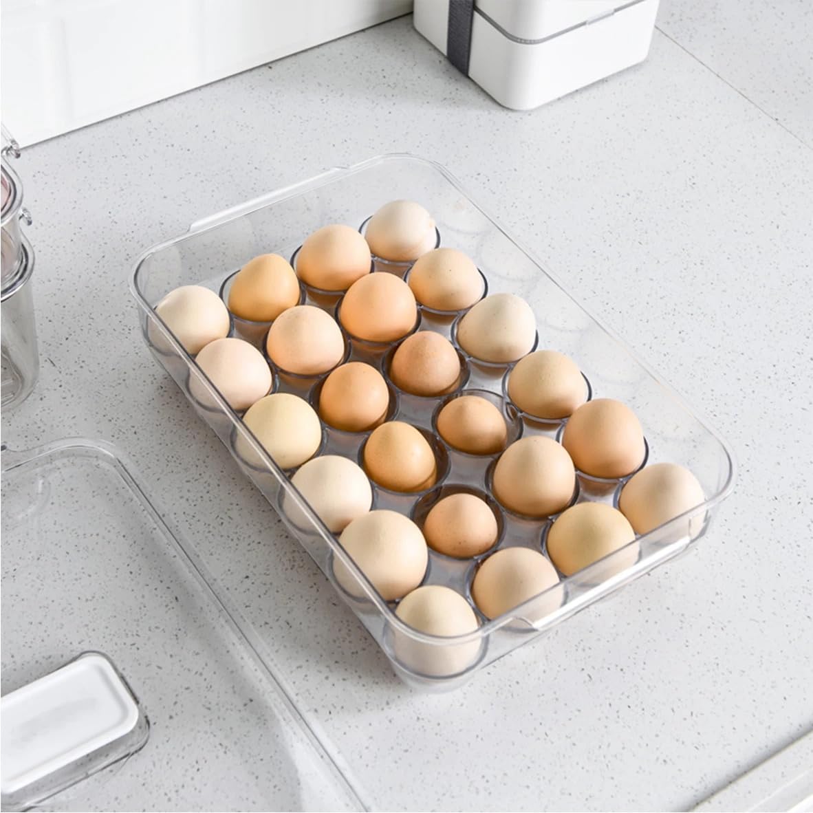 VIO Egg Holder for Refrigerator, Reusable Plastic Egg Organiser, Plastic Egg Storage Container, Clear Stackable Egg Tray with Lid, Clear Fridge Storage Box, Holds 24 Eggs (Clear-Blue Crisper)